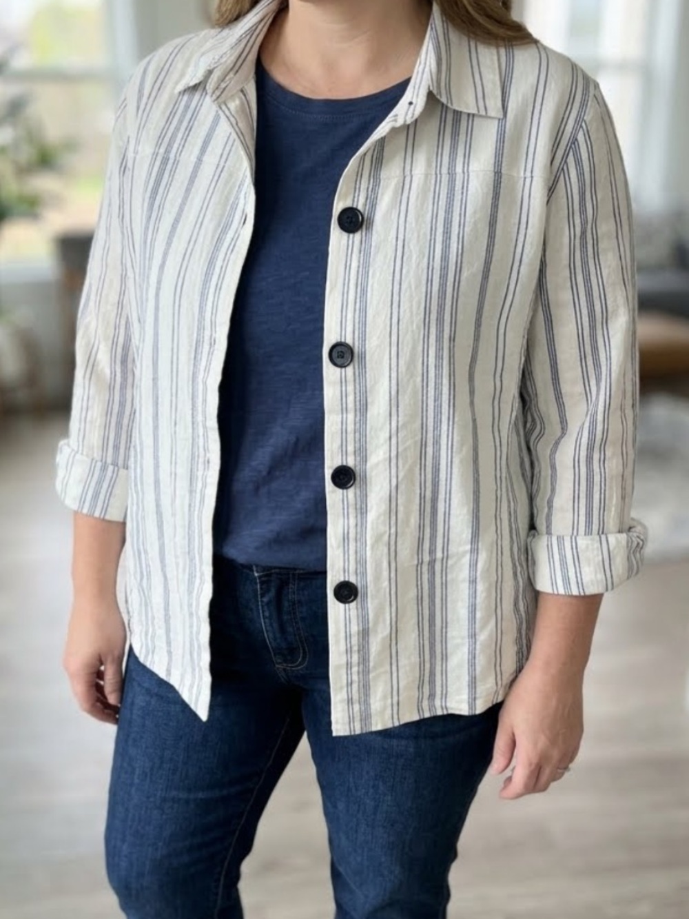 dressbarn Cream and Blue Striped Button-Front Jacket